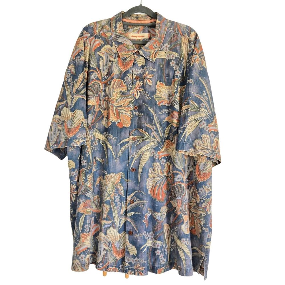 Vintage Y2K Tommy Bahama Blue Floral 100% Silk Button Up Shirt XXL Resortwear
